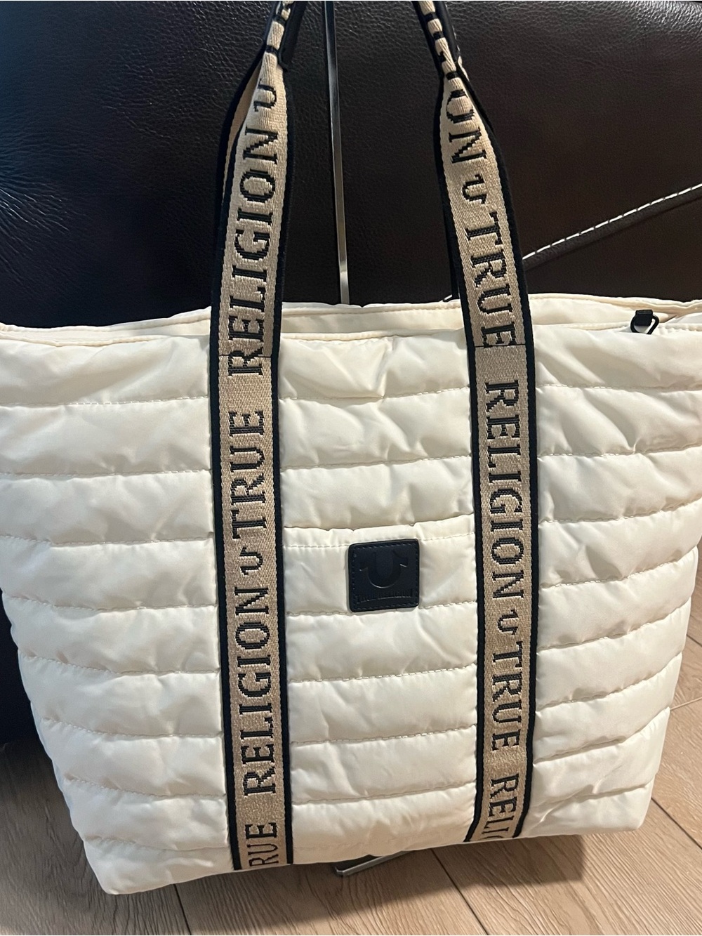 True Religion Cream Quilted Tote with Branded Webbing Straps